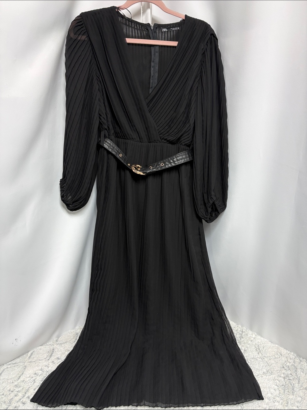 Zara Black Pleated Wrap Dress with Belt size large